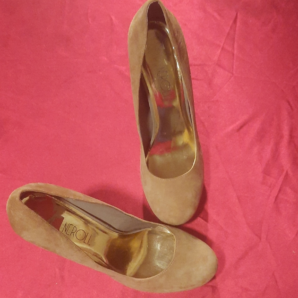 Via Neroli Tan Suede Faux Snake Heels
